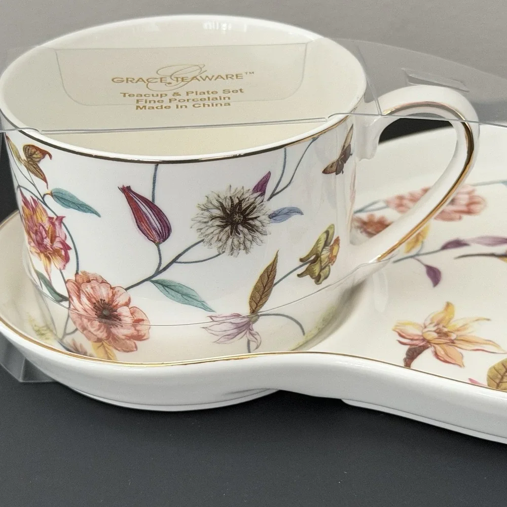 Grace Teaware Sandwich Snack Tray / Cup Spring Flowers Hummingbird Set NEW